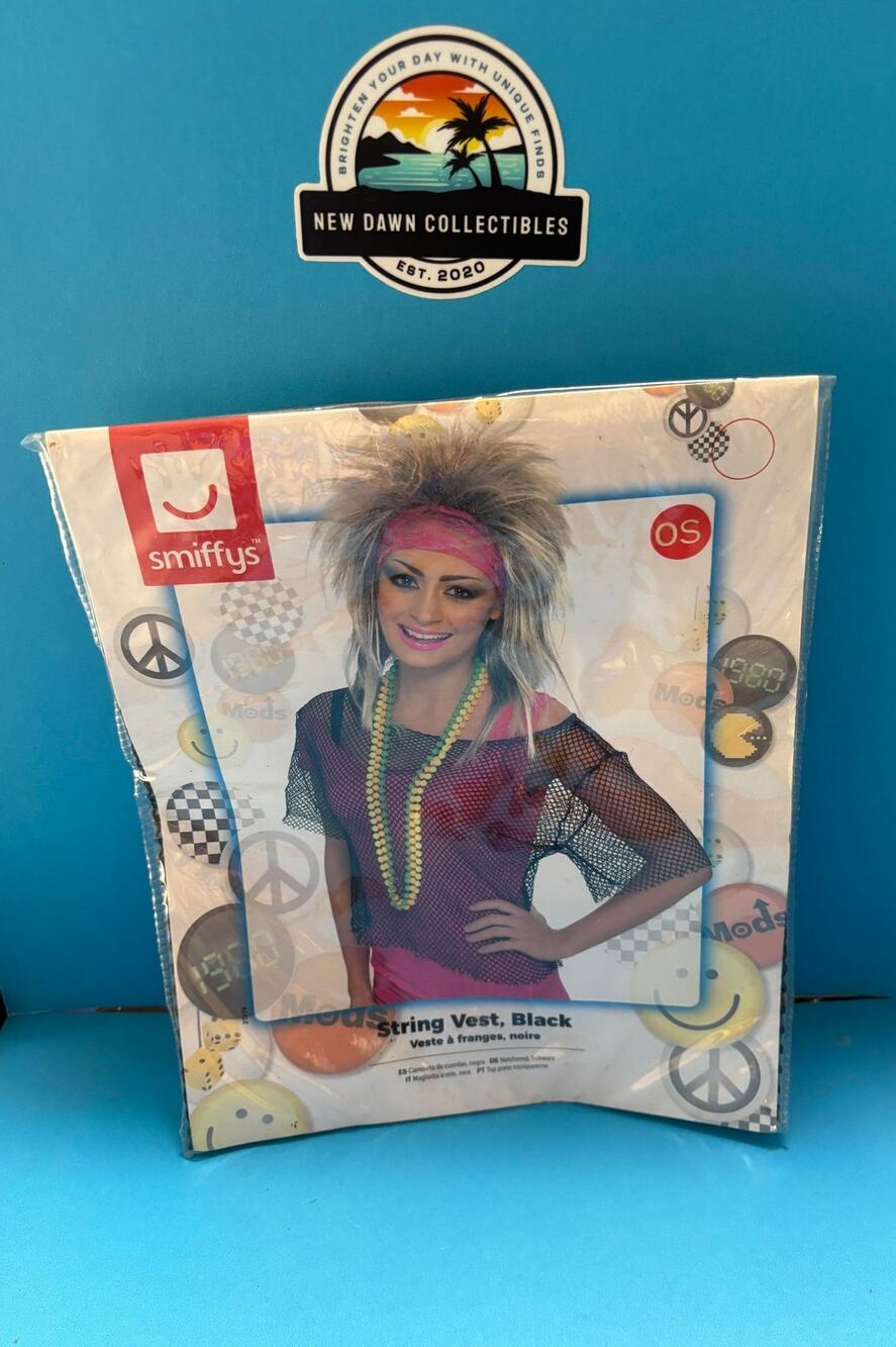 Smiffys 80s Black Fishnet String Vest Mesh Costume Top New NIP One Size